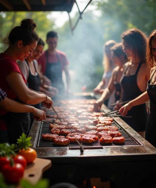 参加者たちがIn-Eiグリルを囲んで楽しそうに肉を焼いているワークショップの様子